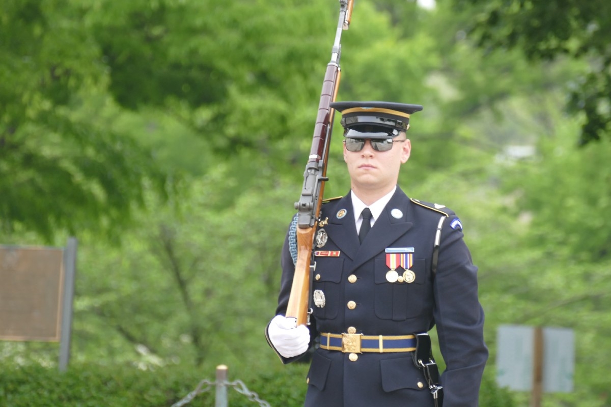 Soldier at the Tomb of the Unknown Soldier, standing at attention with ceremonial M14